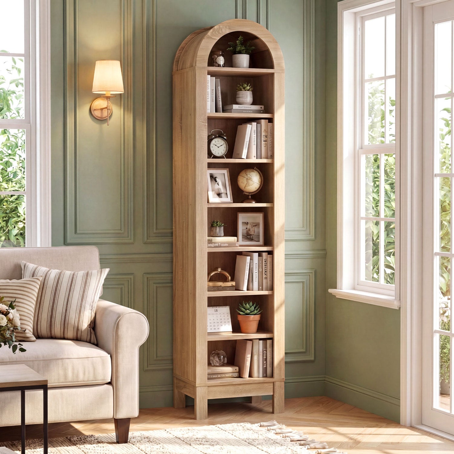 8-tier modern arch bookshelf with three adjustable shelves in natural wood finish, ideal for home office storage.