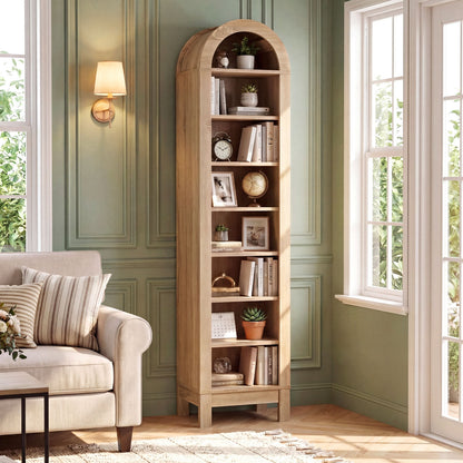 8-tier modern arch bookshelf with three adjustable shelves in natural wood finish, ideal for home office storage.