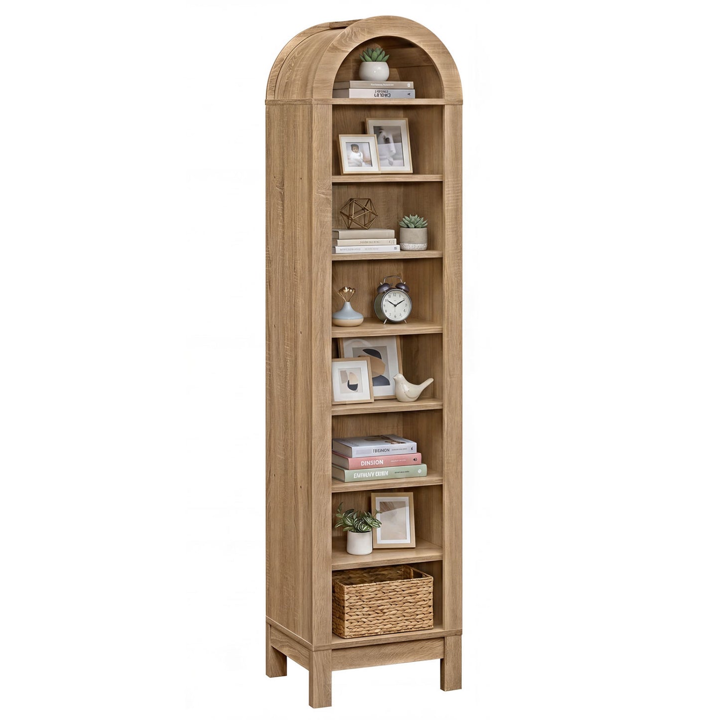 8-tier modern arch bookshelf with three adjustable shelves in natural wood finish, ideal for home office storage.