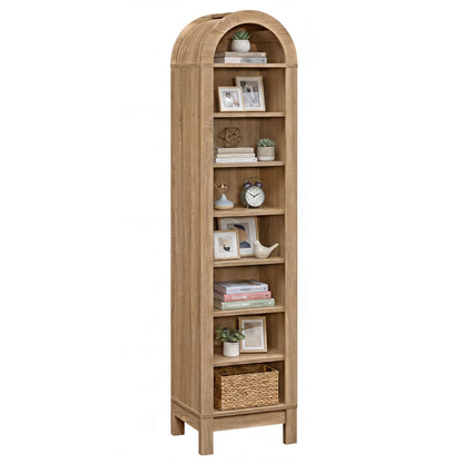 8-tier modern arch bookshelf with three adjustable shelves in natural wood finish, ideal for home office storage.