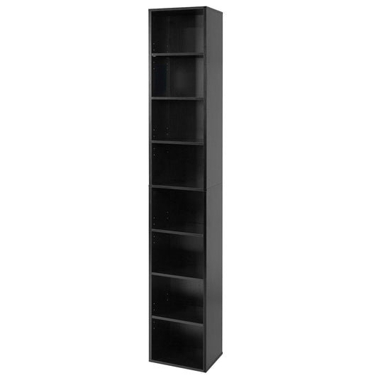 Black 8-tier narrow bookshelf with 4 adjustable shelves and storage cubes, ideal for home office organization.