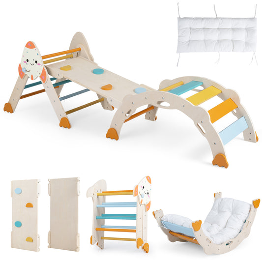 Colorful 8-in-1 foldable toddler climbing toy with rocket and macaron design, suitable for indoor play and easy to store.