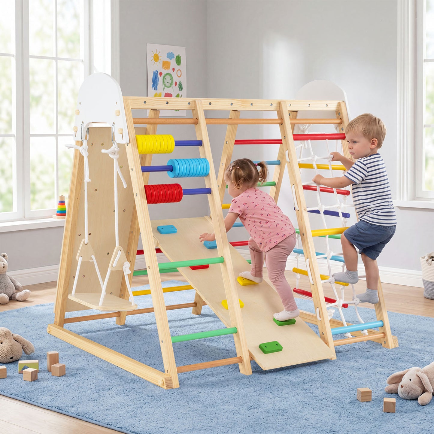 8-in-1 Foldable Indoor Jungle Gym for Kids with Swing and Monkey Bars-Colorful