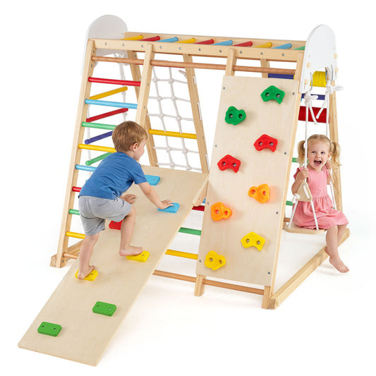 Colorful 8-in-1 foldable indoor jungle gym with swing and monkey bars for kids, perfect for active indoor play and climbing fun.