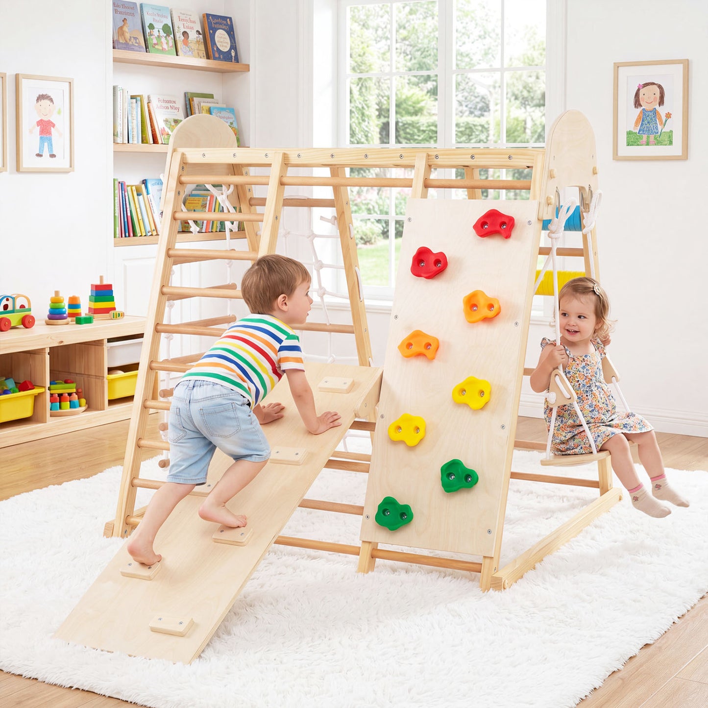 8-in-1 Foldable Indoor Jungle Gym for Kids with Swing and Monkey Bars-Colorful