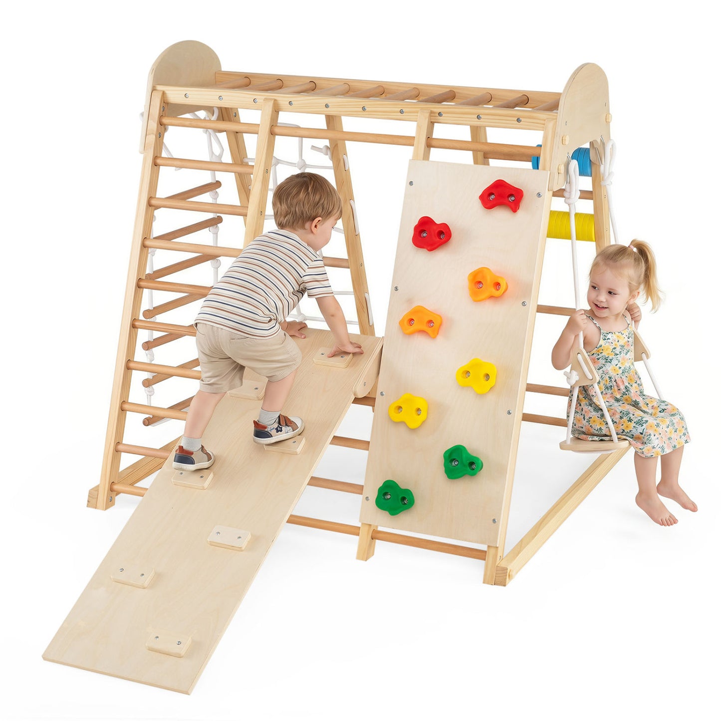 8-in-1 Foldable Indoor Jungle Gym for Kids with Swing and Monkey Bars-Colorful