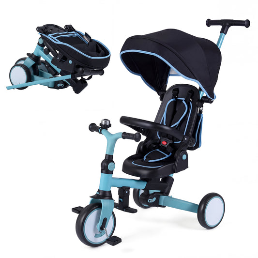 Blue 8-in-1 folding kids tricycle with removable canopy and push handle, designed for toddlers and young children.
