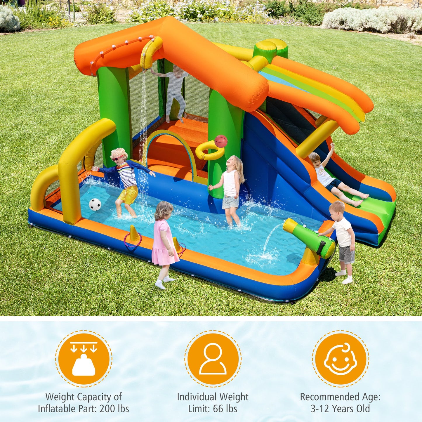8-in-1 Jumping Castle with Slide and 520W Blower