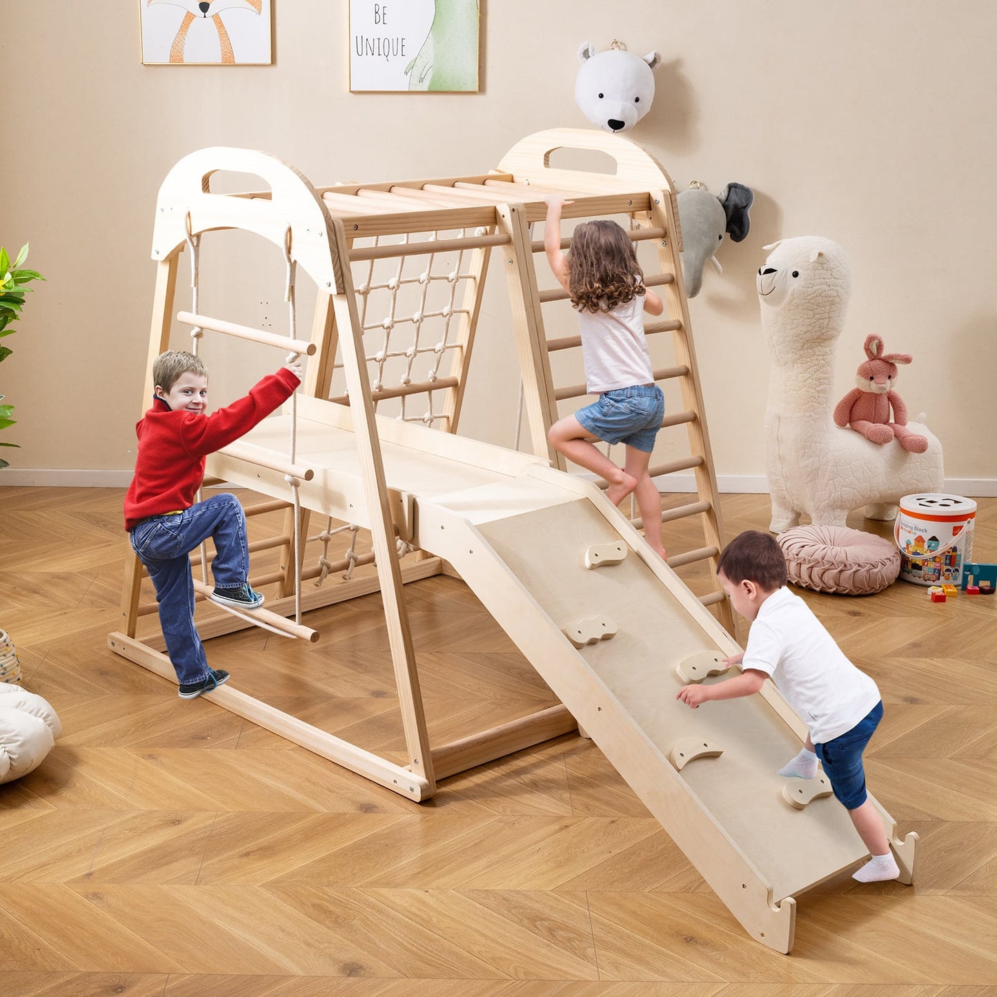 8-in-1 Jungle Gym Wooden Montessori Climber Playset with Slide and Monkey Bar for Kids 3-5 Years Old-Natural