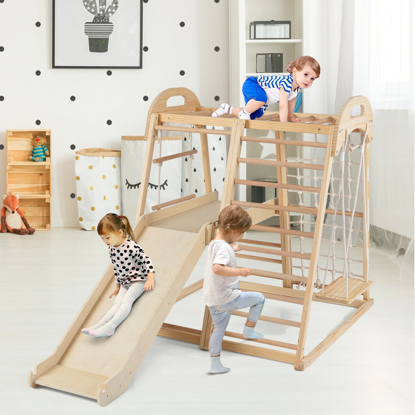 8-in-1 Jungle Gym Wooden Montessori Climber Playset with Slide and Monkey Bar for Kids 3-5 Years Old-Natural