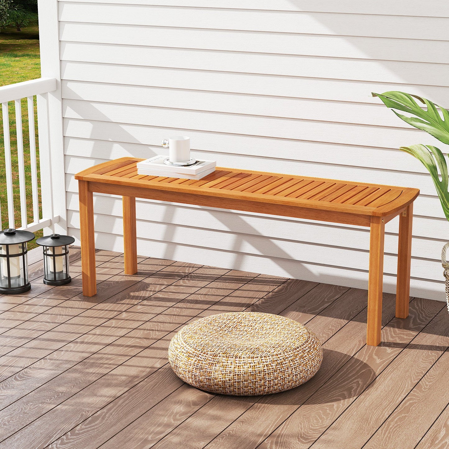 Acacia wood outdoor bench with slatted seat for garden