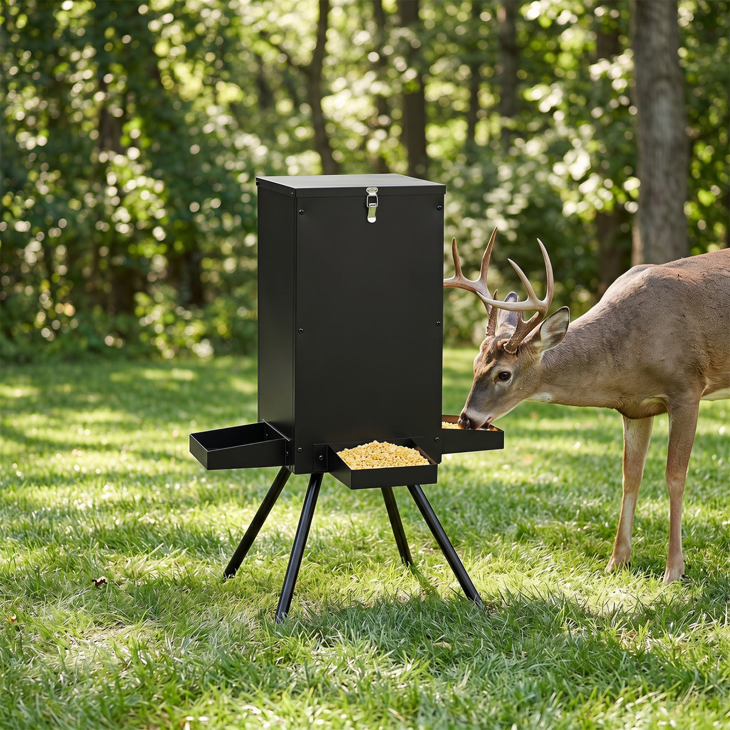 90LB Gravity Deer Feeder with 4 Feeding Trays and 4-Leg Stand-Black