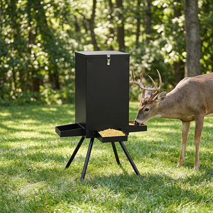 90LB Gravity Deer Feeder with 4 Feeding Trays and 4-Leg Stand-Black