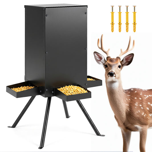 Black 90lb gravity deer feeder with four feeding trays and four-leg stand for outdoor wildlife feeding.