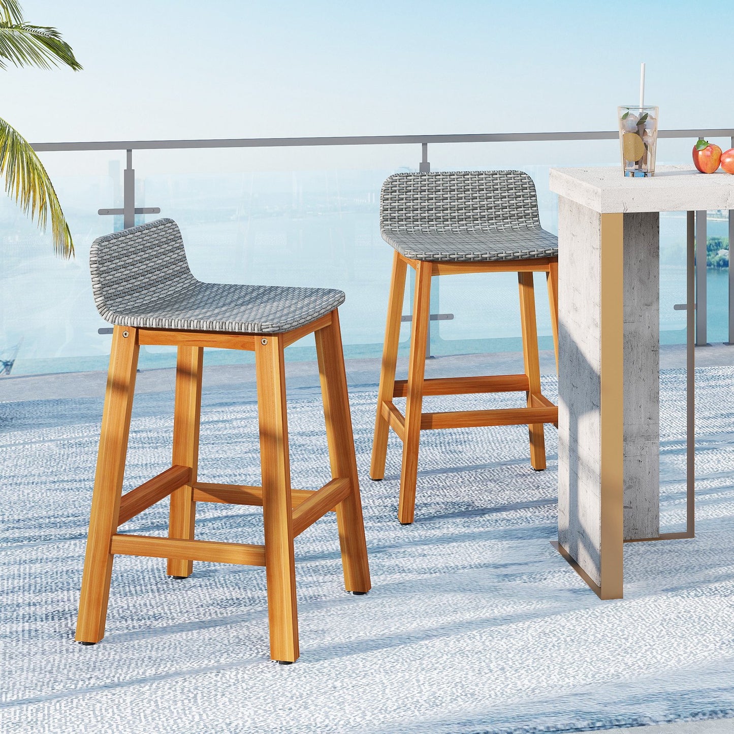 Solid Acacia Wood Bar Stools Set of 2 with Backrests and Footrests for Porch-Brown