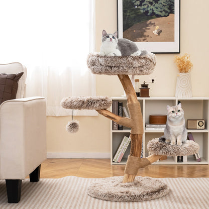 Cat Tree Solid Pear Wood with Perch and Natural Jute Scratching Posts-Brown