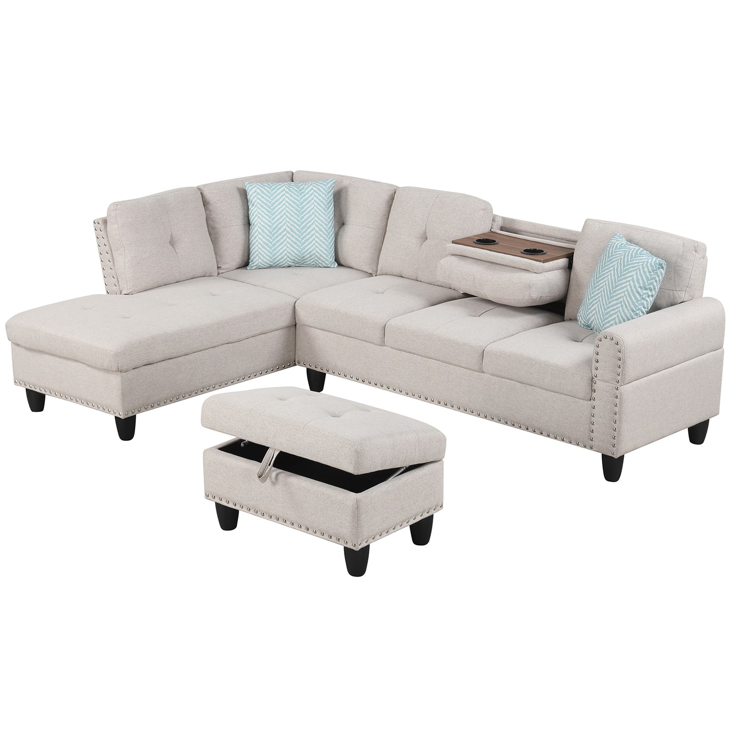 98 Inches Sectional Sofa Couch with Movable Storage Ottoman and Linen Fabric Backs-LR