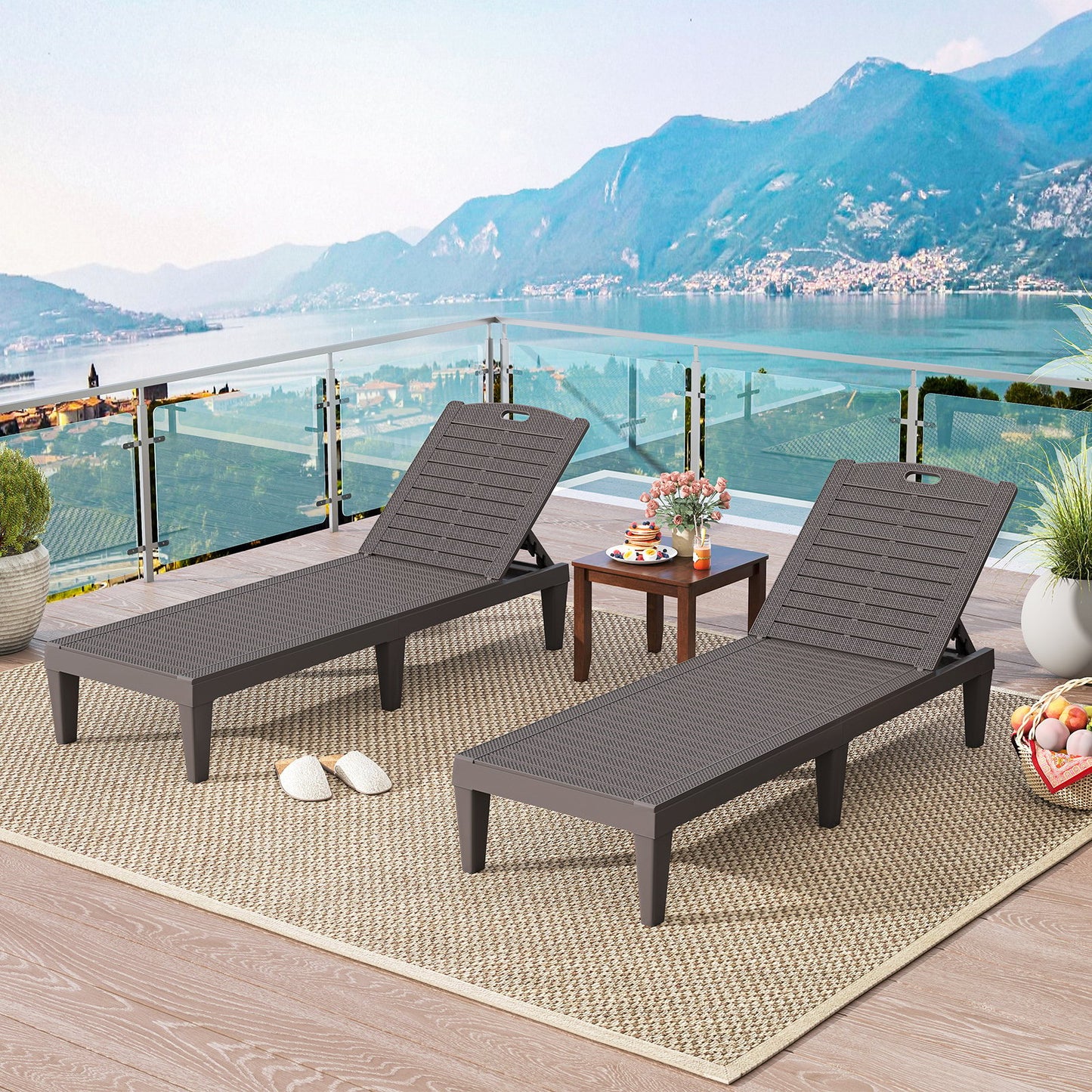 Outdoor PP Chaise Lounge Chairs Set of 2 with 4-Position Adjustable Backrests-Black