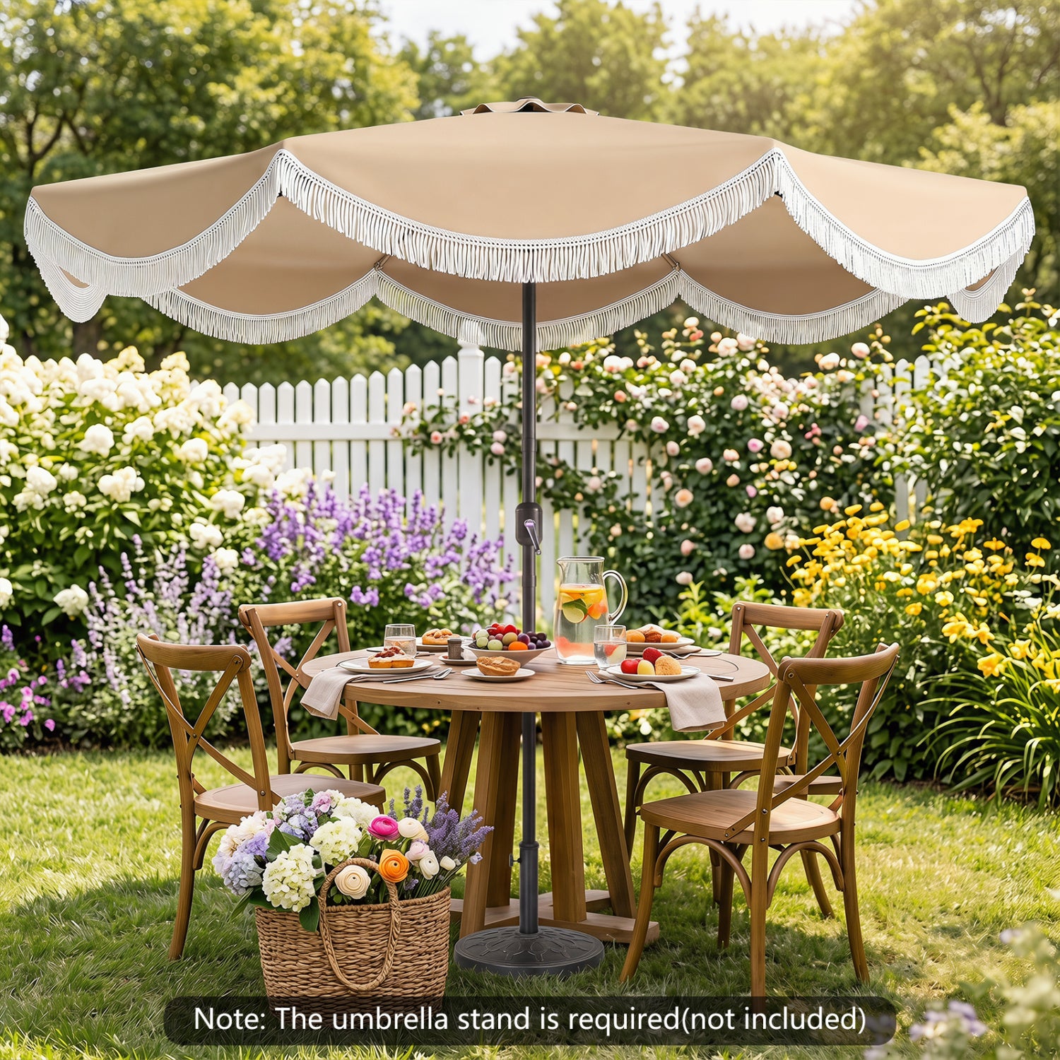 9/10 ft outdoor tassel umbrella with push button tilt in white, providing shade for outdoor patios and gardens.