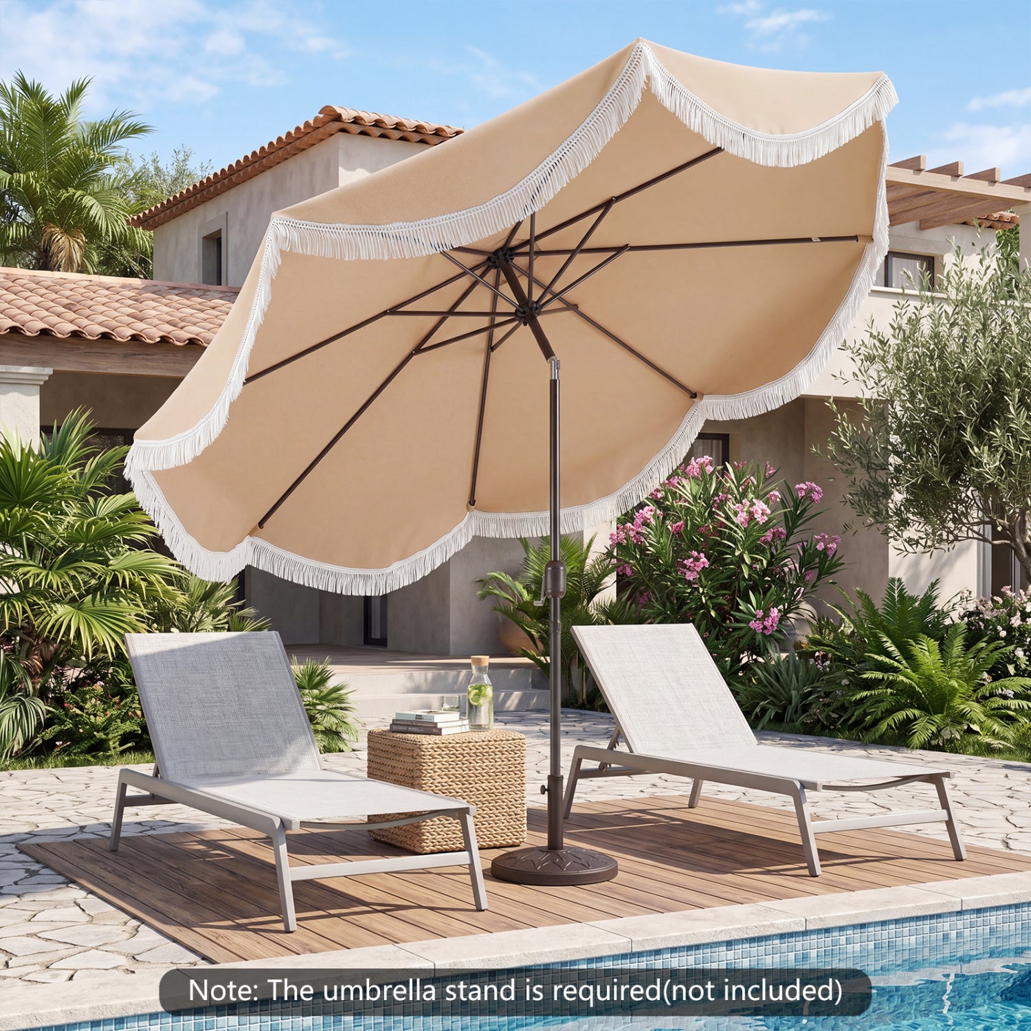 9/10 ft outdoor tassel umbrella with white canopy, push button tilt, designed for outdoor shade and sun protection.