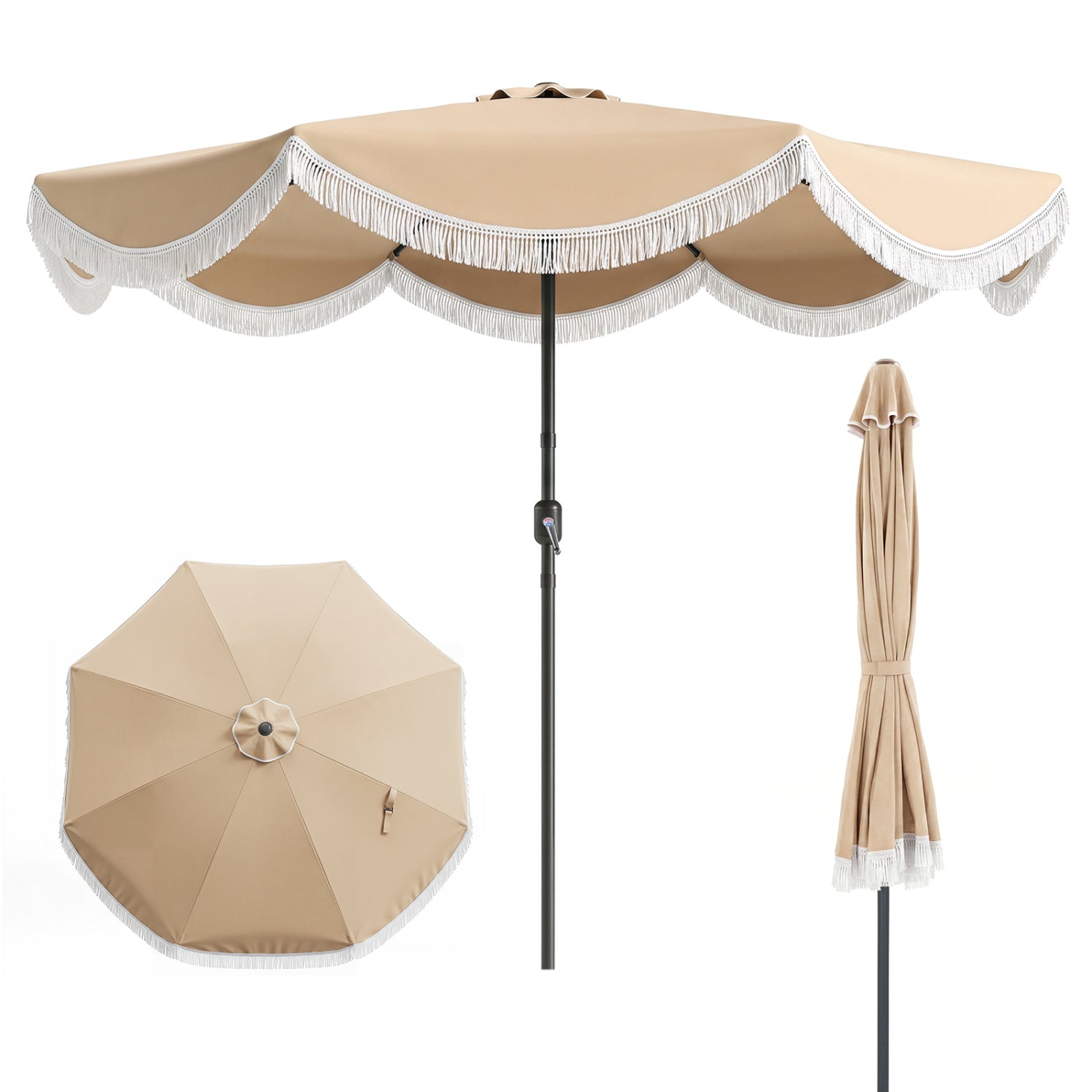 9/10 ft outdoor white tassel umbrella with push button tilt, perfect for shade in outdoor spaces.