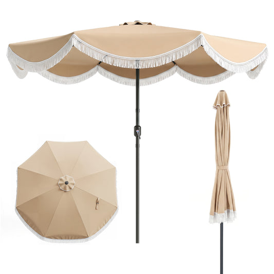 9/10 FT Outdoor Tassel Umbrella with Push Button Tilt-White