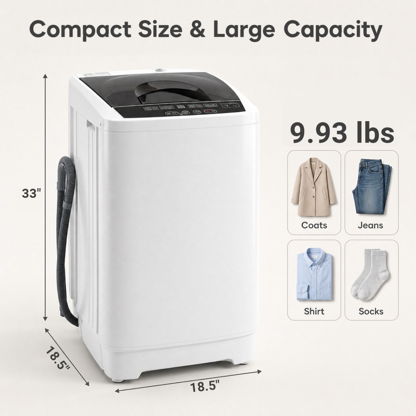9.93 lbs Full Automatic Washing Machine with 8 Preset Programs-Gray