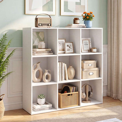 9-Cube Book Shelf Tool-Free Assembly Wooden Bookshelf Modern Bookcase Storage Organizer-White