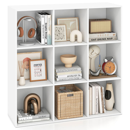 White 9-cube wooden bookshelf with tool-free assembly, modern design, perfect for home office or living room storage.