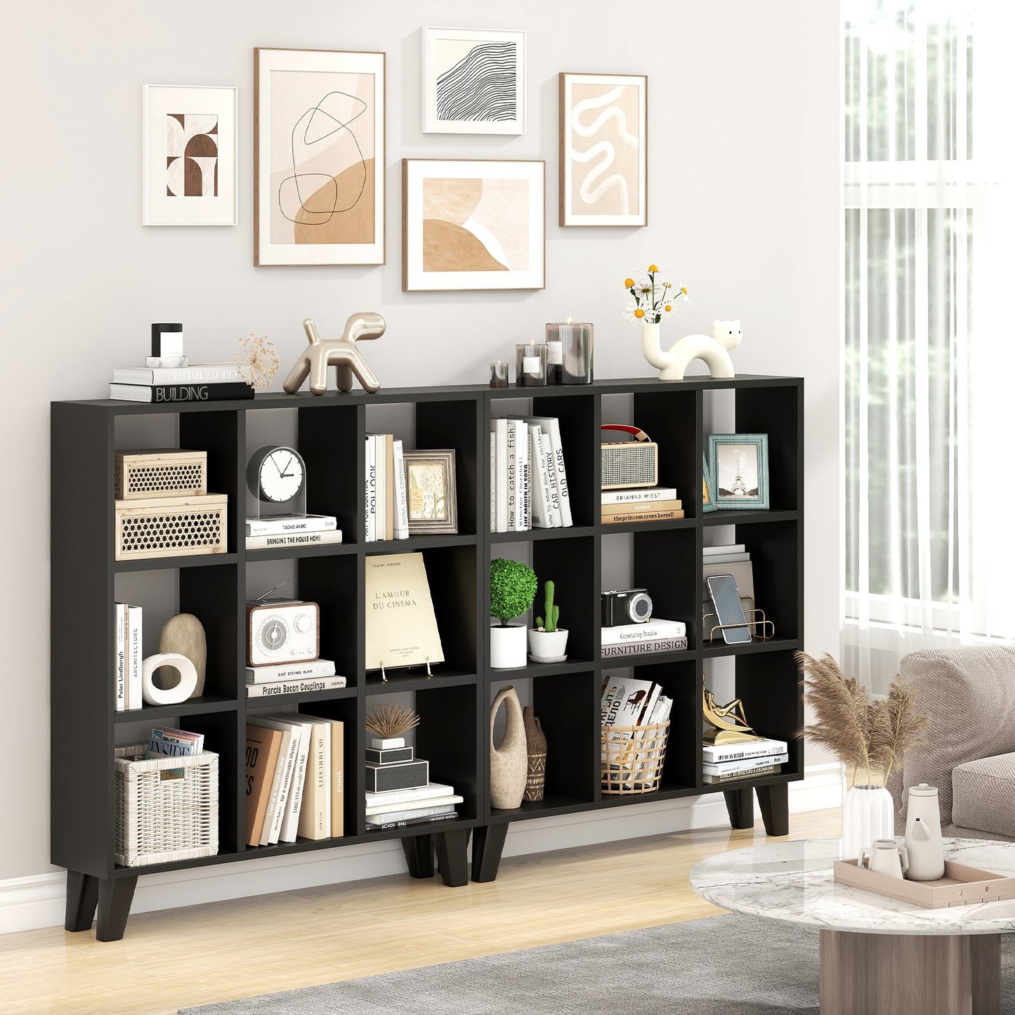 9-Cube Bookcase with 6 Removable Shelves and Raised Support Feet-Black