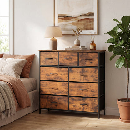 9-Drawer Fabric Dresser with Wooden Top for Bedroom-Rustic Brown