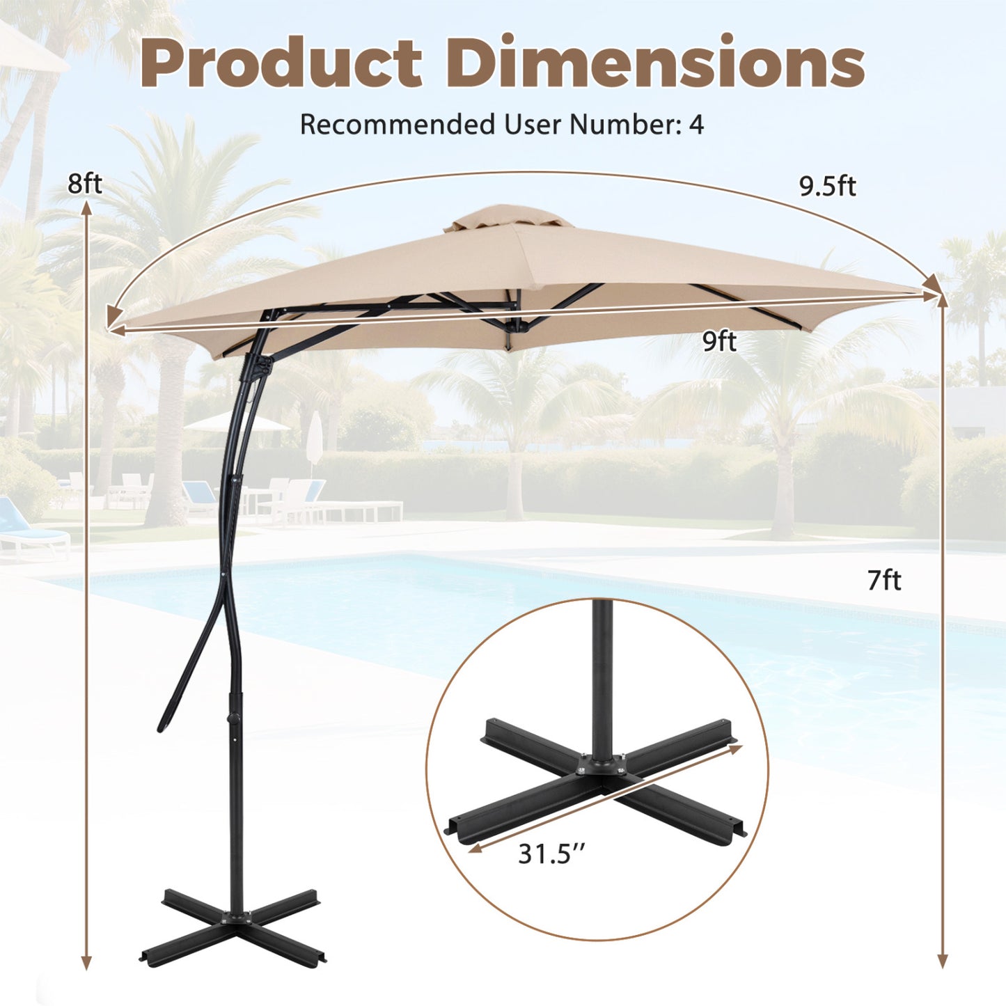 9 FT Cantilever Umbrella with Cross Base Included with Smooth Handle amd Heavy Duty Frame-Beige
