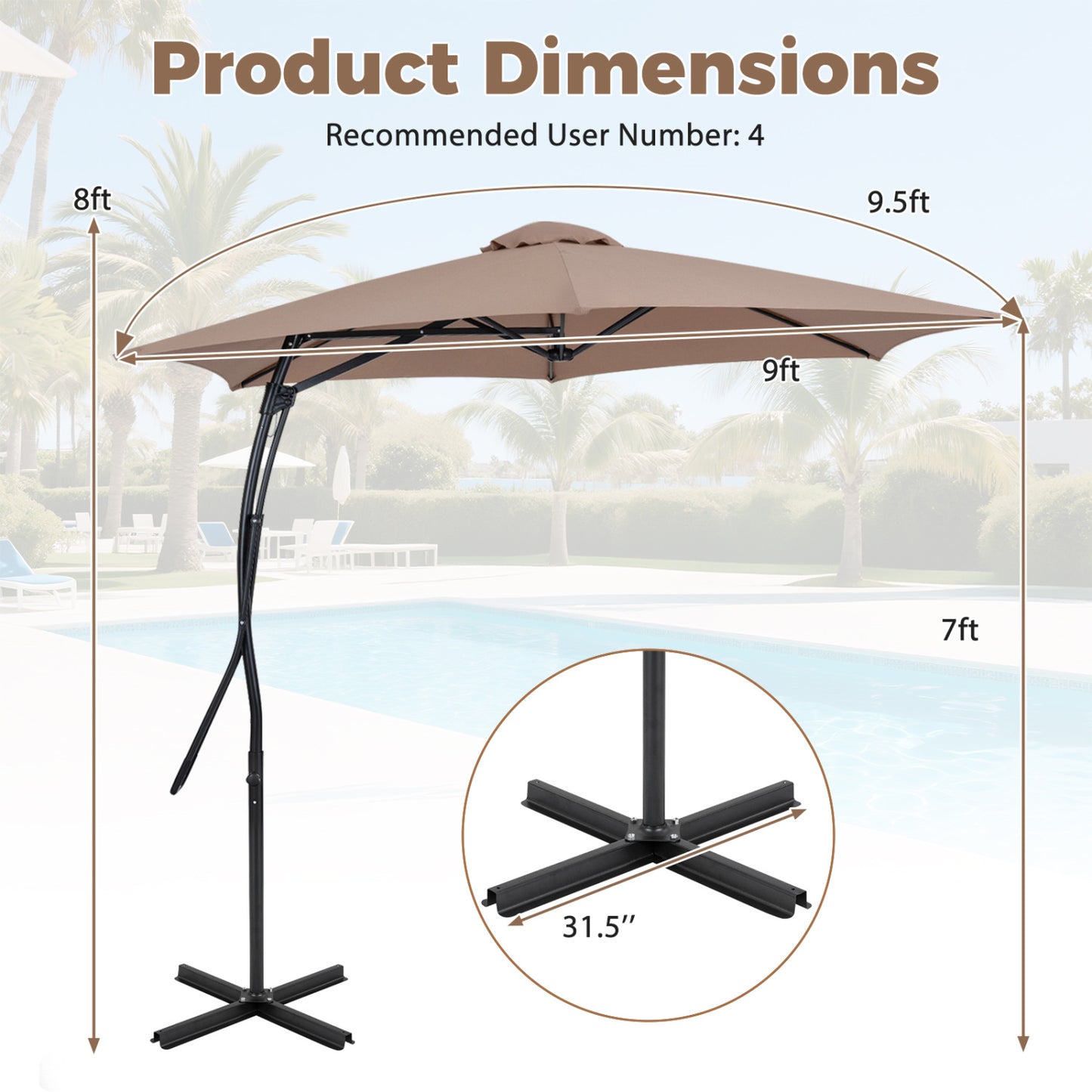 9 FT Cantilever Umbrella with Cross Base Included with Smooth Handle amd Heavy Duty Frame-Beige