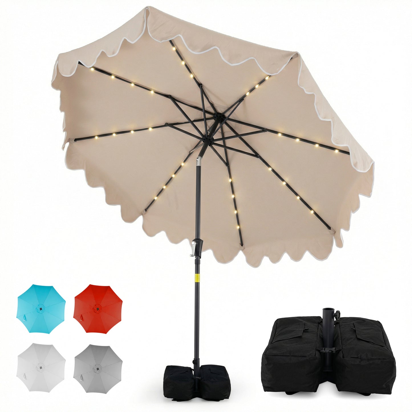 9 FT Outdoor Patio Umbrella with Solar LED Lights and Weighted Base-Beige