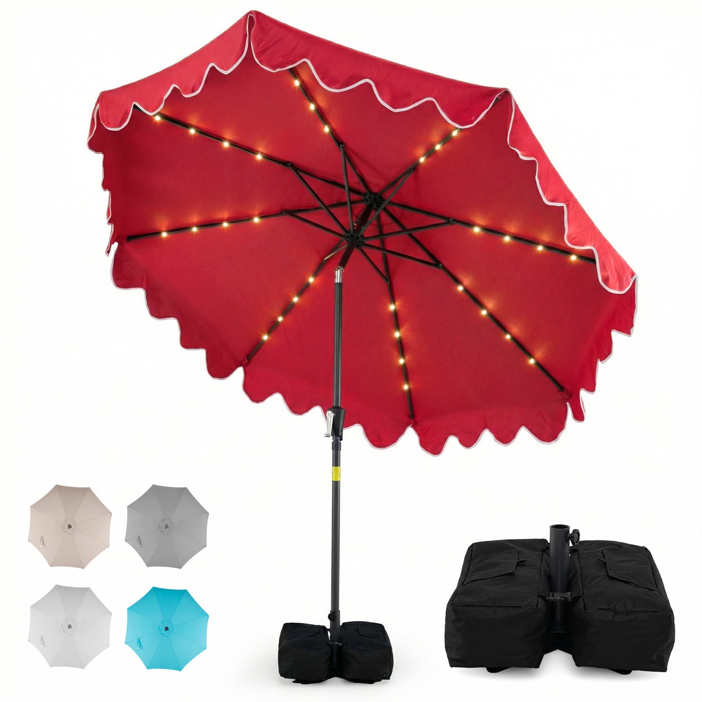 9 FT Outdoor Patio Umbrella with Solar LED Lights and Weighted Base-Beige