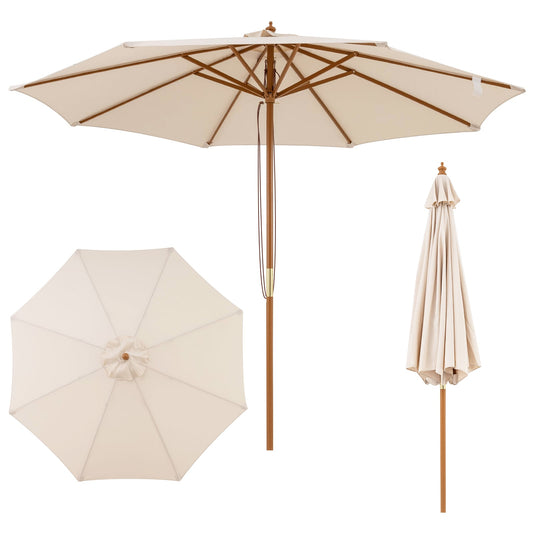 9 FT Patio Umbrella Outdoor Table Market Umbrella with 8 Sturdy Bamboo Ribs-Beige