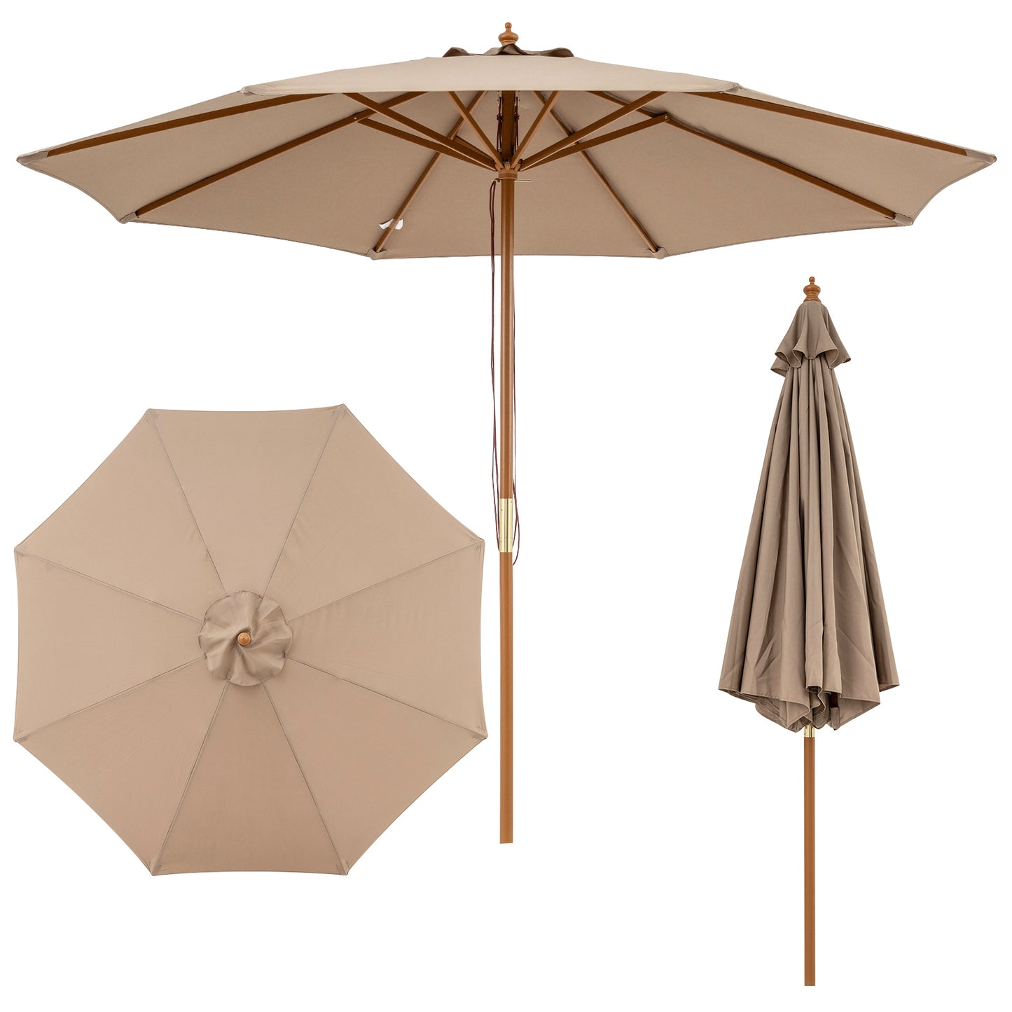 9 FT Patio Umbrella Outdoor Table Market Umbrella with 8 Sturdy Bamboo Ribs-Beige