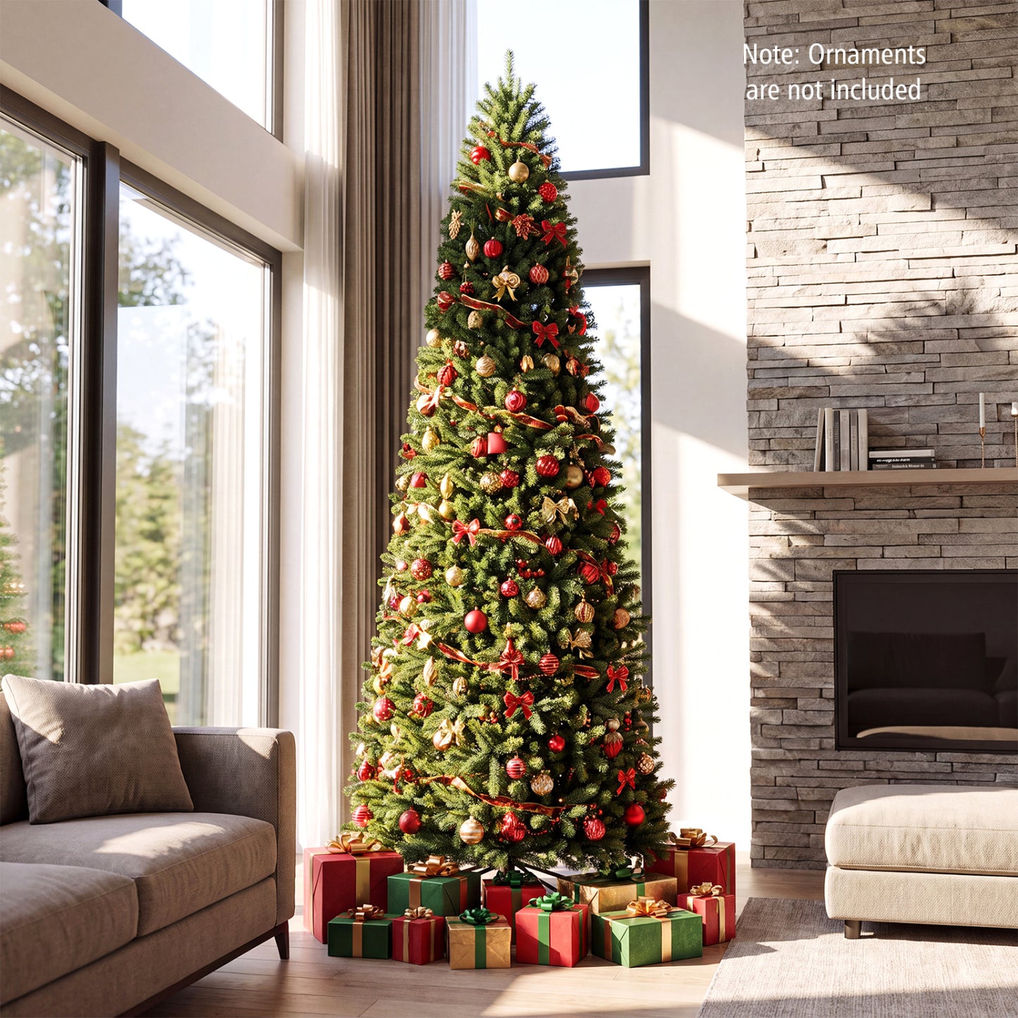 9 FT Pencil Alpine Christmas Tree with 1345 Full Branch Tips and 550 Dual-Color LED Lights