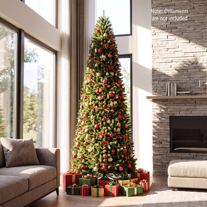 9 FT Pencil Alpine Christmas Tree with 1345 Full Branch Tips and 550 Dual-Color LED Lights