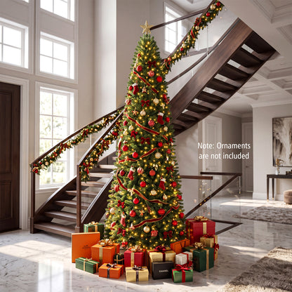 9 FT Pencil Alpine Christmas Tree with 1345 Full Branch Tips and 550 Dual-Color LED Lights