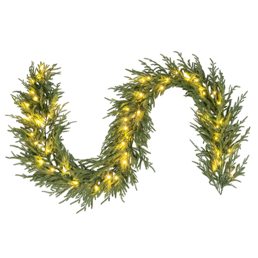 9 FT Pre-lit Artificial Cypress Christmas Garland with 50 Warm White LED Lights and 130 Branch Tips