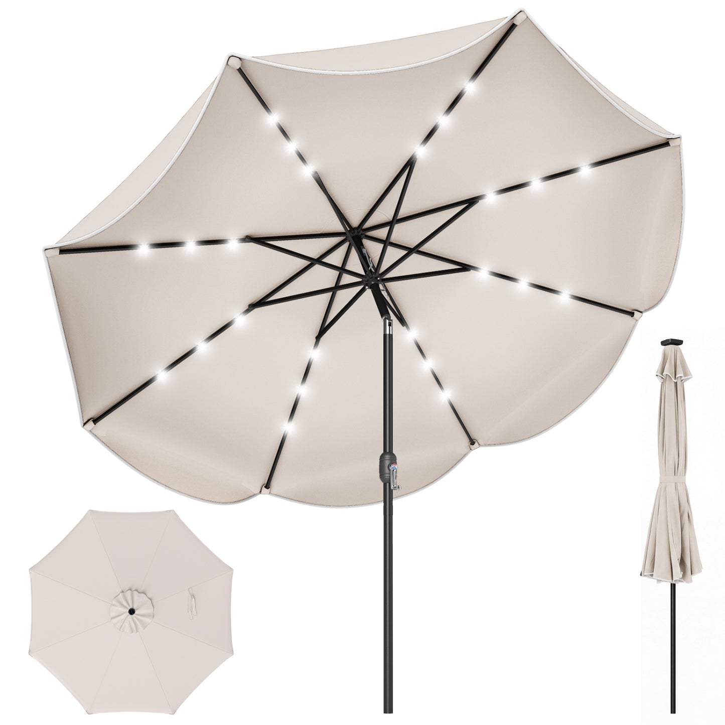 Beige 9 ft scalloped solar patio umbrella with 24 LED lights, ideal for outdoor tables, by Wilsons Home Store.