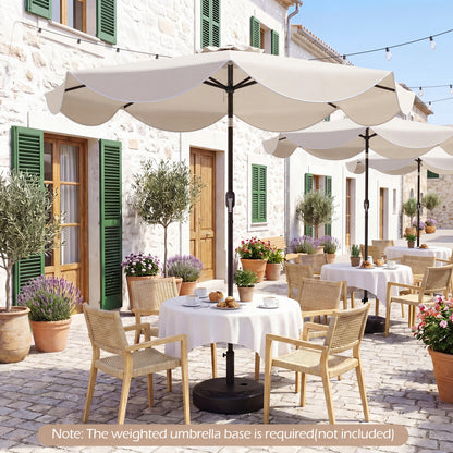 Beige 9 ft scalloped solar patio umbrella with 24 LED lights, ideal for outdoor tables and shade, by Wilsons Home Store.