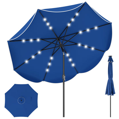 Beige 9 ft scalloped solar patio umbrella with 24 LED lights, ideal for outdoor market tables and shading.