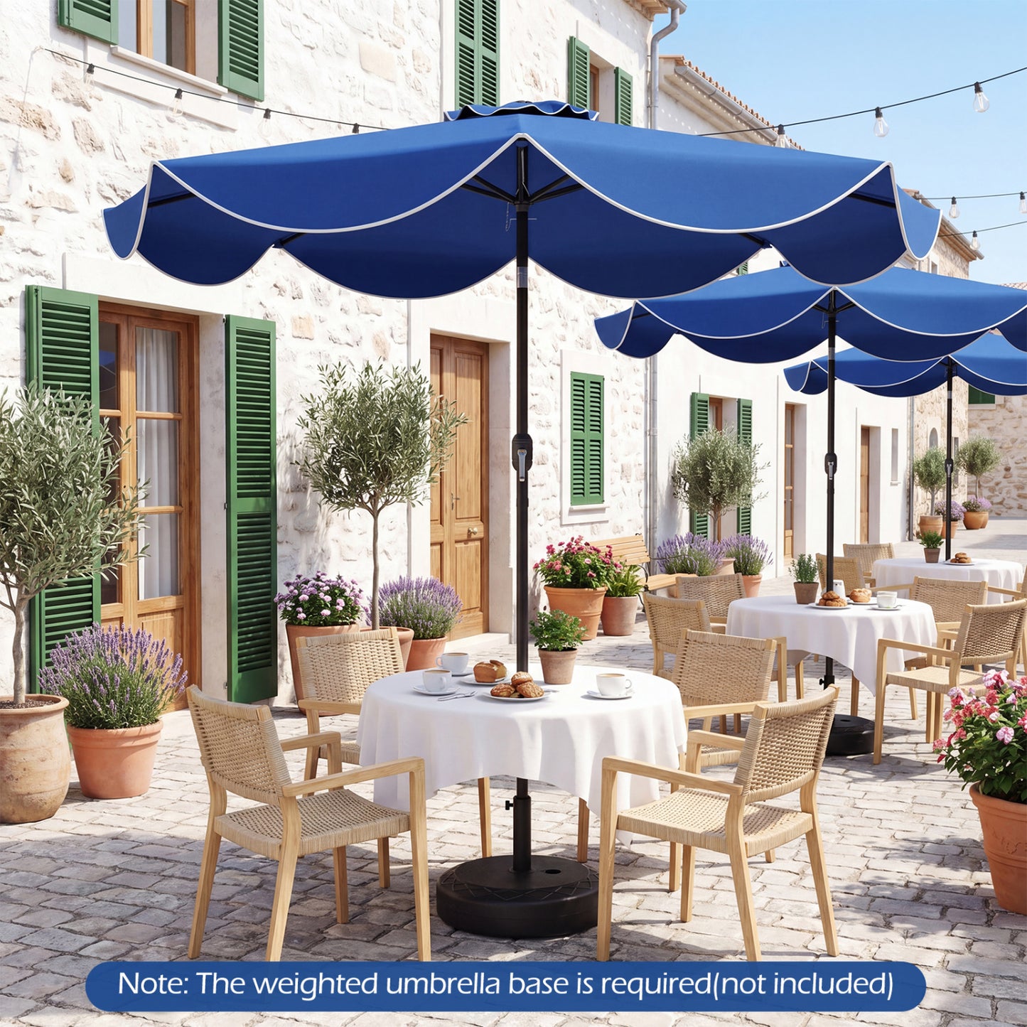 Beige 9 ft scalloped solar patio umbrella with 24 LED lights, outdoor market table umbrella by Wilsons Home Store