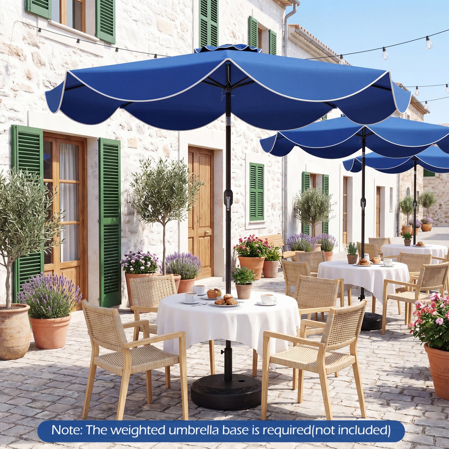 Beige 9 ft scalloped solar patio umbrella with 24 LED lights, outdoor market table umbrella by Wilsons Home Store