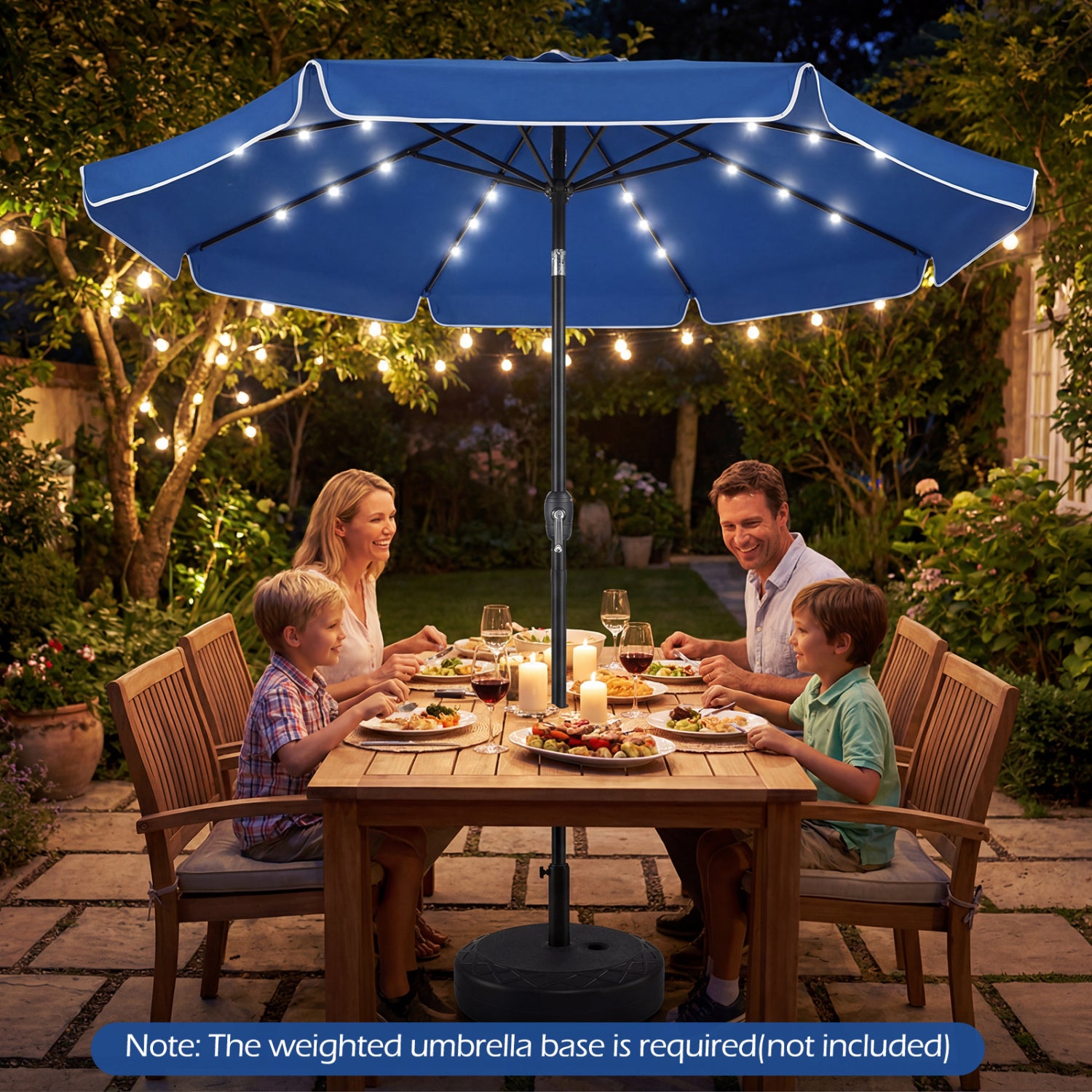 Beige 9 ft scalloped solar patio umbrella with LED lights, outdoor market umbrella for patio or table shading.