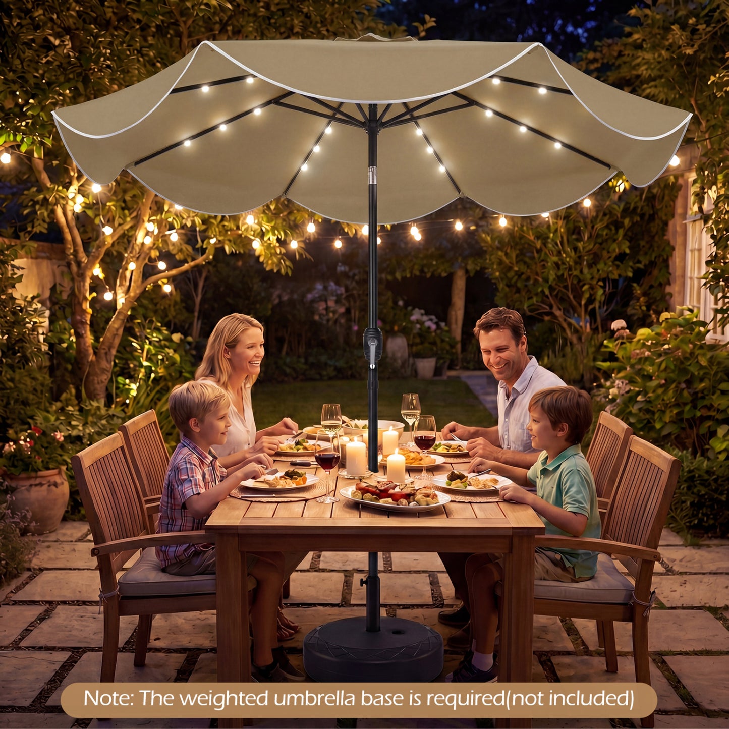 Beige 9 ft scalloped solar patio umbrella with 24 LED lights, ideal for outdoor market tables, by Wilsons Home Store.