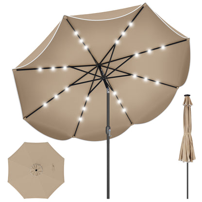 Beige 9 ft scalloped solar patio umbrella with 24 LED lights, outdoor market table umbrella for shade and ambiance.