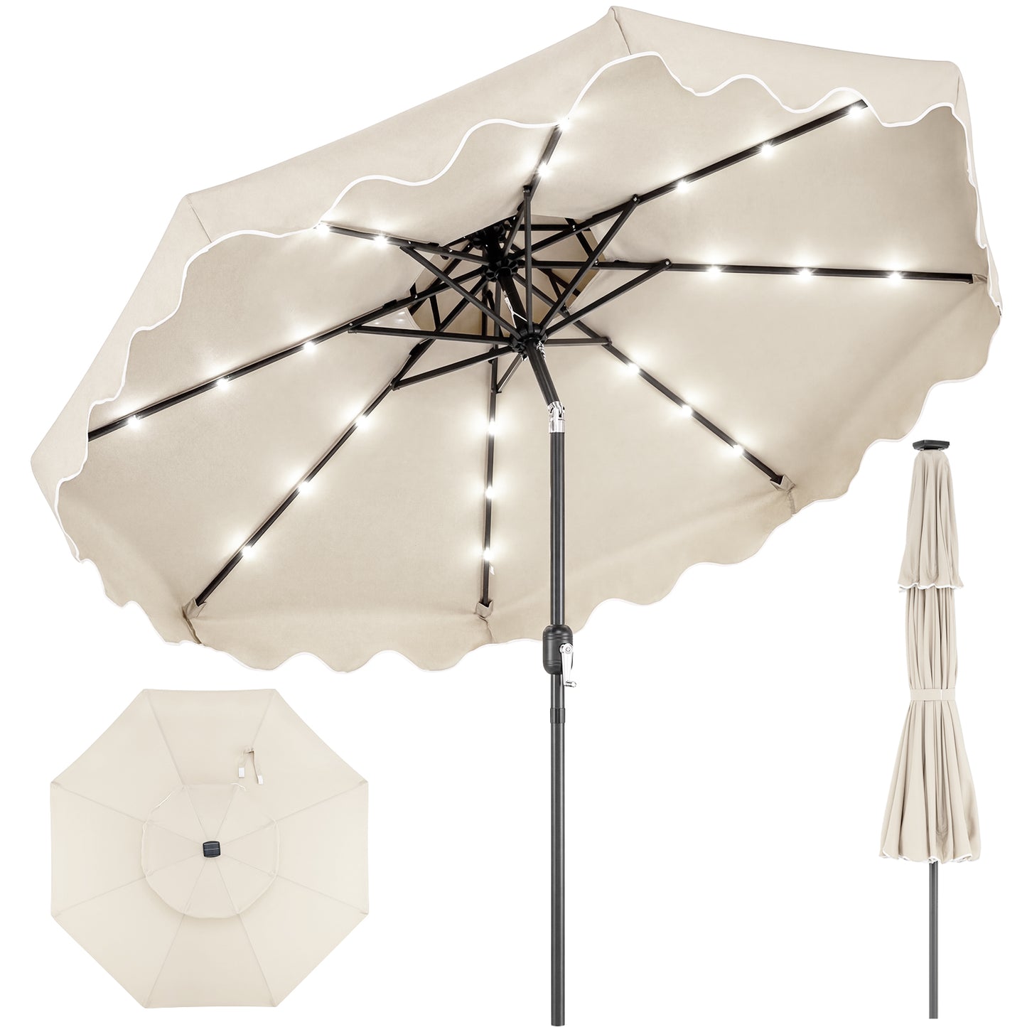 9 FT Solar LED Patio Umbrella Push-Button Tilt and Crank 24 LED Lights and 8 Ribs-Beige